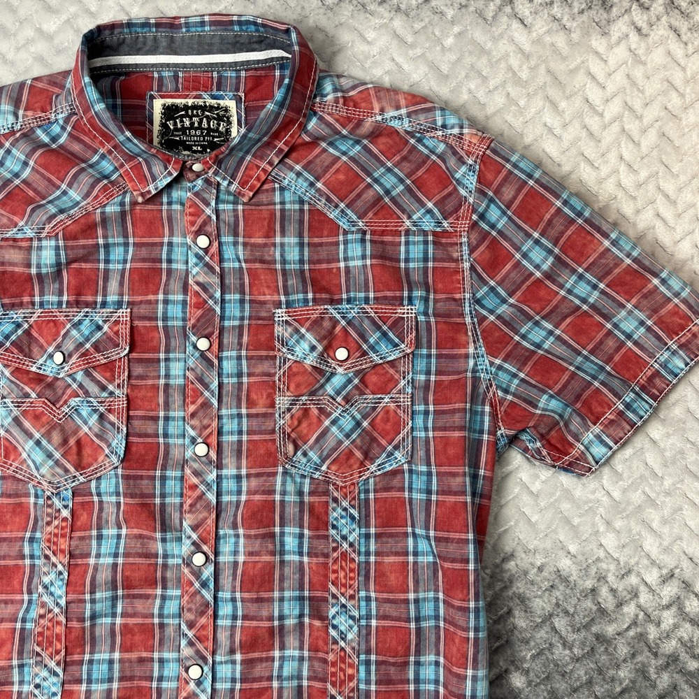 BKE Vintage 1967 Pearl Snap Western Shirt Mens XL Red Blue Plaid Short Sleeve